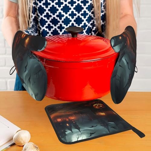 YYHHAOFA Halloween Horror Prints Oven Mitts and Pot Holders Set