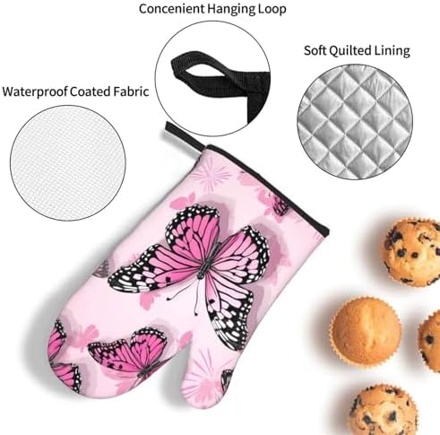 Edafol 3-Piece Oven Mitts and Potholders Set Heat-Resistant Pink Butterfly Design