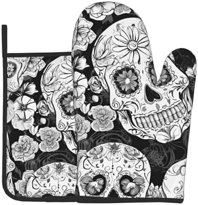 Floral Skull Oven Mitts Set Heat-Resistant Kitchen Potholders