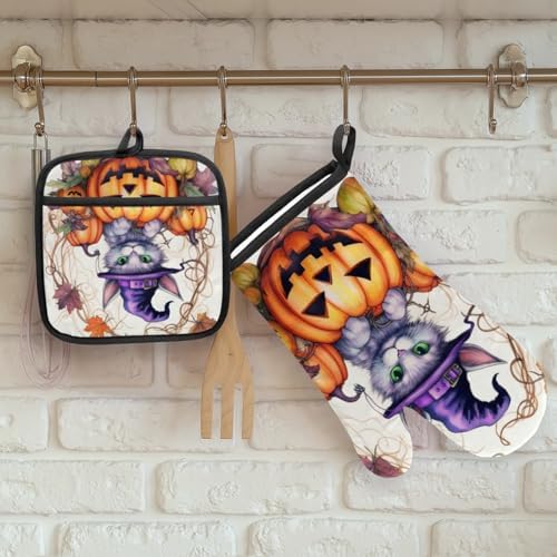 Aglebo Halloween Pumpkin Cats Oven Mitts Pot Holders Set of 2