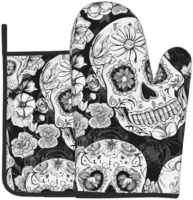 Floral Skull Oven Mitts Set Heat-Resistant Kitchen Potholders