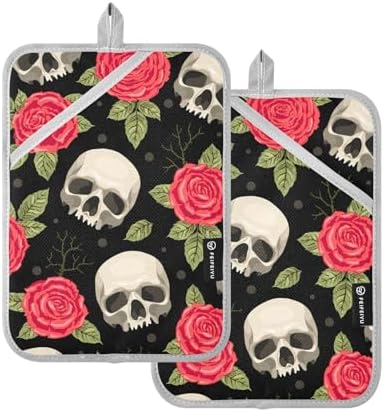2Pcs Skull Red Roses Potholders with Pockets Non-Slip Mitts Set 1