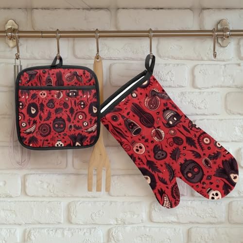 Halloween Skull Ghost Bat Oven Mitts Set of 2 for Chef