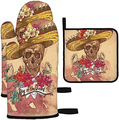 SSOIU Day of the Dead Halloween Oven Mitts Pot Holders Set
