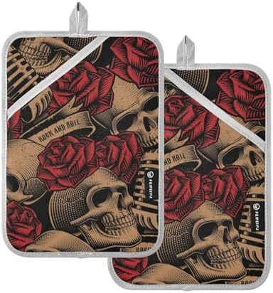 OURVII 2Pcs Skulls Red Roses Pot Holders Set Non-Slip