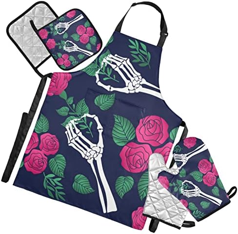 5Pcs Halloween Skull Flowers Oven Mitts Pot Holder Set