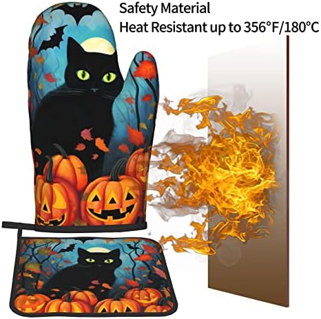 Dewoofly Black Cat Halloween Oven Mitts and Pot Holders Set