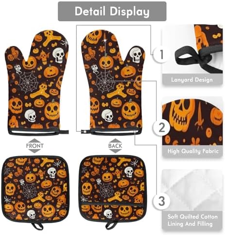 Aglebo Halloween pumpkin spider skull oven mitts set