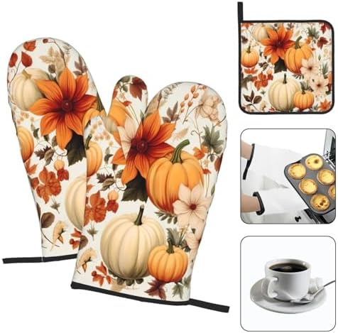 Fall Pumpkins Leaves Oven Mitts and Pot Holders Set of 3