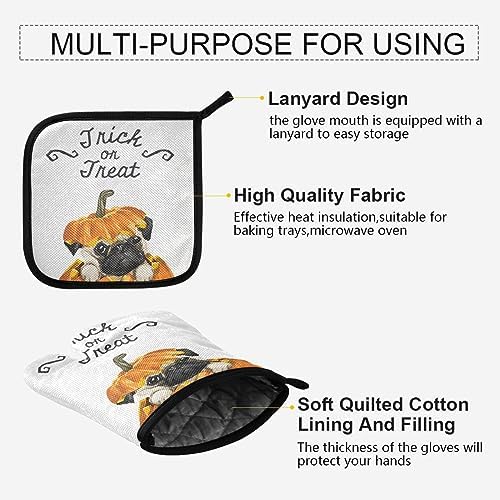 Halloween Pug Pumpkin Oven Mitts Set Heat-Resistant Trick or Treat Gloves