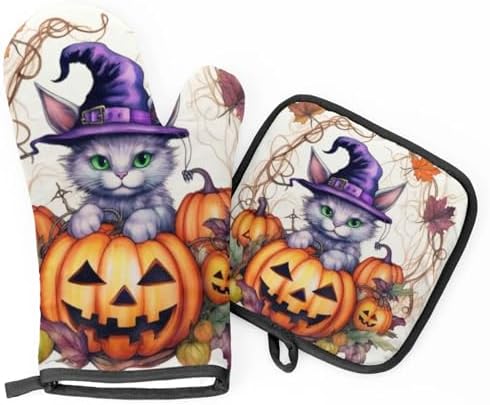 Aglebo Halloween Pumpkin Cats Oven Mitts Pot Holders Set of 2