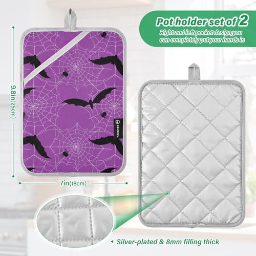 Black Bat Potholders with Pockets Non-Slip Mitts 2 Pack