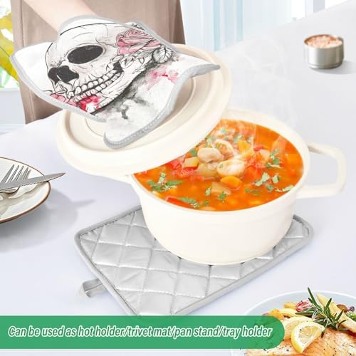 OurVII 2Pcs Halloween Pink Rose Skull Potholders Set
