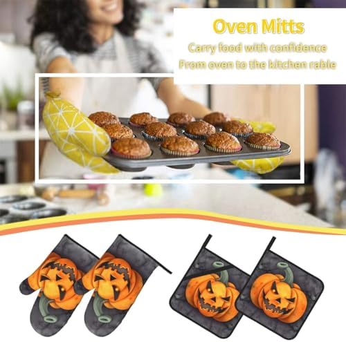 EKYOSHCZ Halloween Pumpkin Oven Mitts and Potholders Set of 4