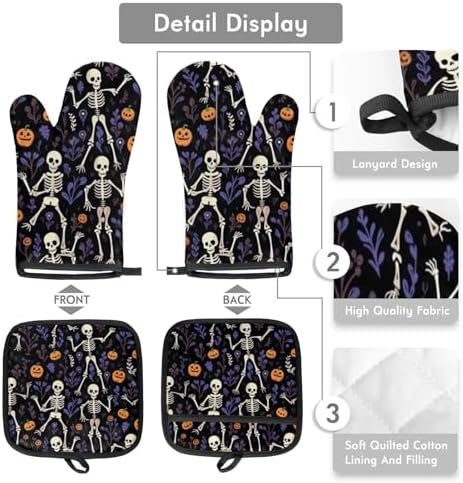 Aglebo Halloween Skull Flowers Oven Mitts Set of 2