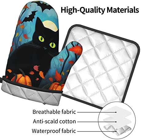 Dewoofly Black Cat Halloween Oven Mitts and Pot Holders Set