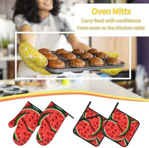 Quopvn Red Watermelon Printed Oven Mitts and Pot Holders 4-Piece Set