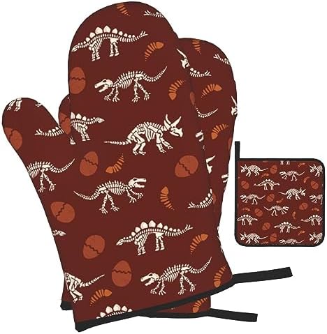 Dinosaur Oven Mitts and Pot Holders Set - Funny Heat Resistant Gloves
