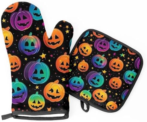 Halloween Oven Mitts Pot Holders Set - Pumpkins with Safety