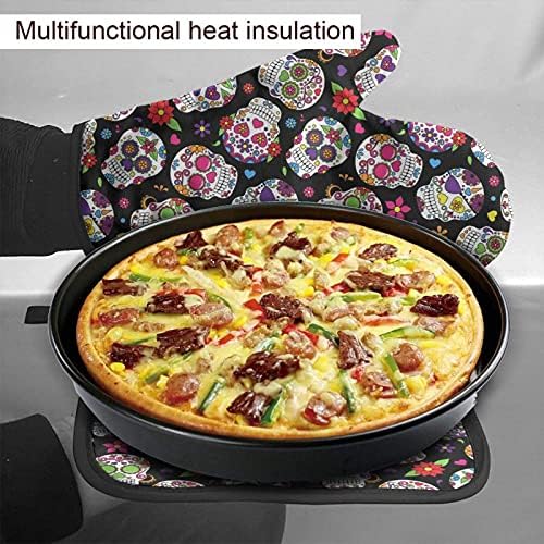Halloween Day of the Dead Sugar Skull Oven Mitts and Pot Holder Set