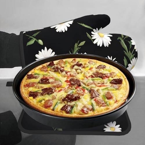 Durable Daisy Printed Oven Mitts Pot Holders Set Heat-Resistant Kitchen Gloves