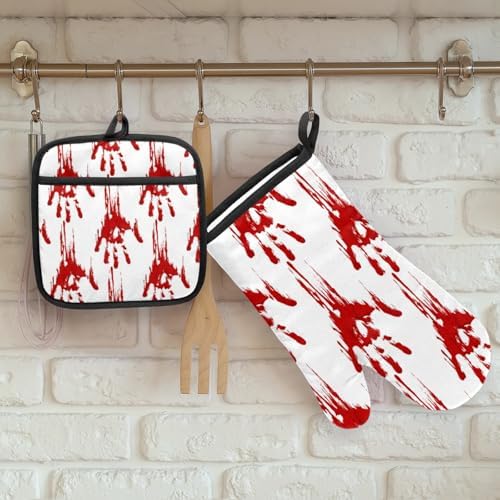 Halloween Red Handprints Skull Oven Mitts and Pot Holders Set of 2