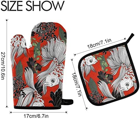 Exnundod Japanese Koi Carp Flowers Oven Mitts and Pot Holder Set