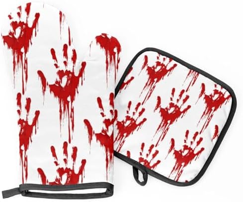 Halloween Red Handprints Skull Oven Mitts and Pot Holders Set of 2
