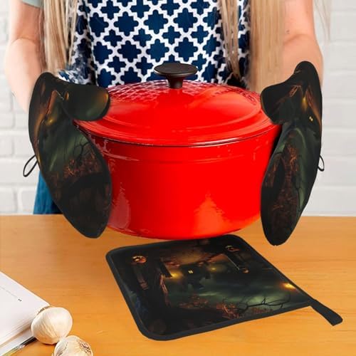 Adjustable Halloween Oven Mitts Pot Holders 3-Piece Heat-Resistant Set