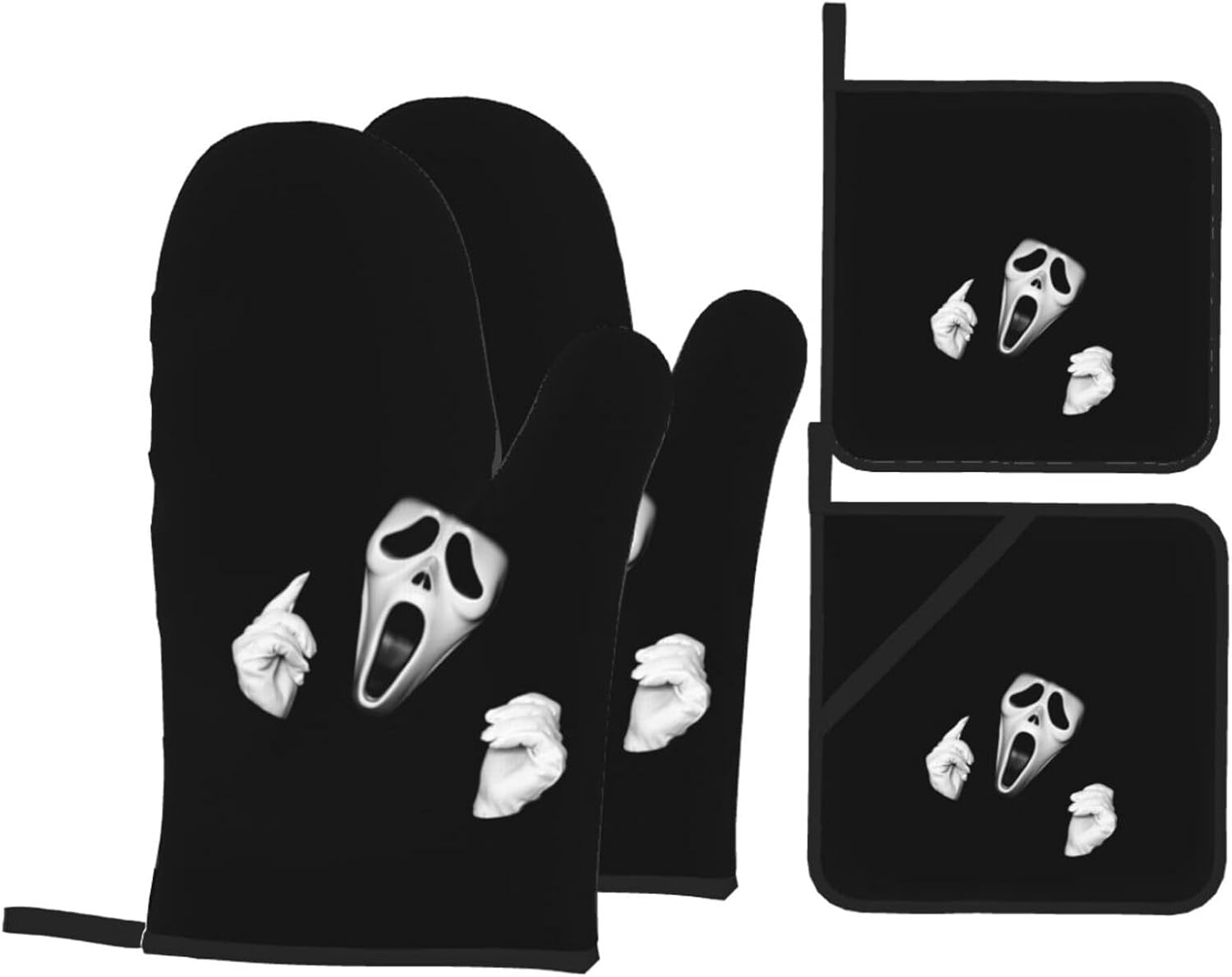 Scream Ghost Face Black Halloween Oven Mitts and Pot Holders 4-Piece Set