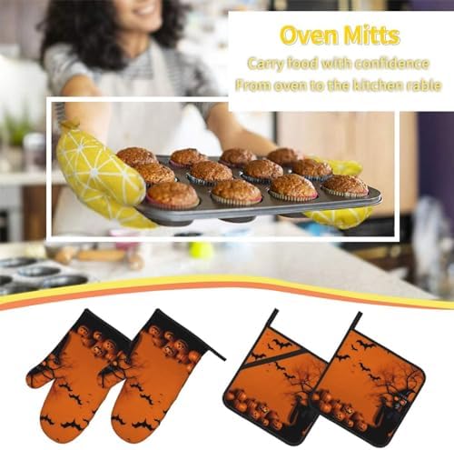 XHHRRDNZ Orange Halloween Oven Mitts and Pot Holders Set of 4