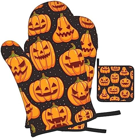 Halloween Pumpkin Patterns Oven Mitts and Pot Holders Heat-Resistant 3-Piece Set