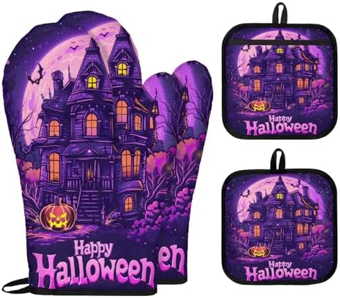 Tropical Life Halloween Pumpkin Bat Oven Mitts 4-Piece Set
