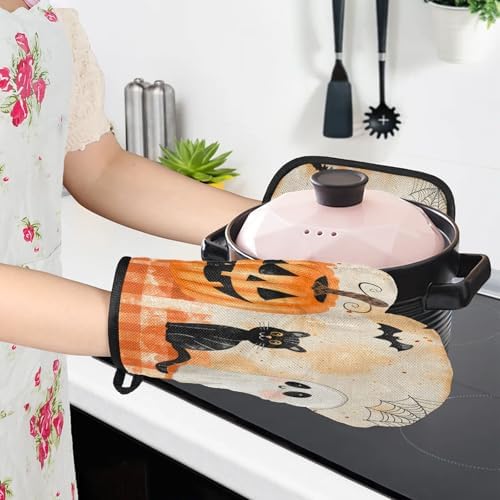 TropicalLife Halloween Black Cat Ghost Oven Mitts and Pot Holders Set