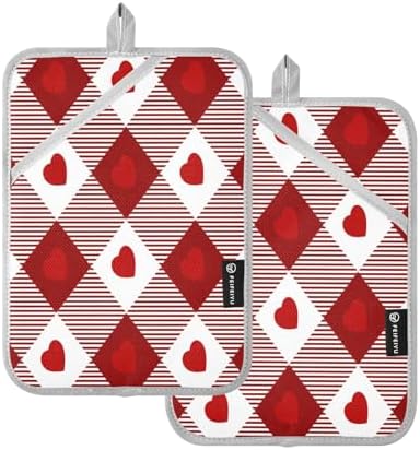 Heat-Resistant Heart Gingham Potholders Set Durable Oven Mitts for Baking