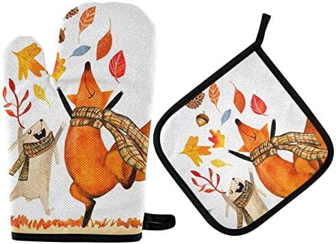 autumn-themed oven mitts and pot holders set for cozy home