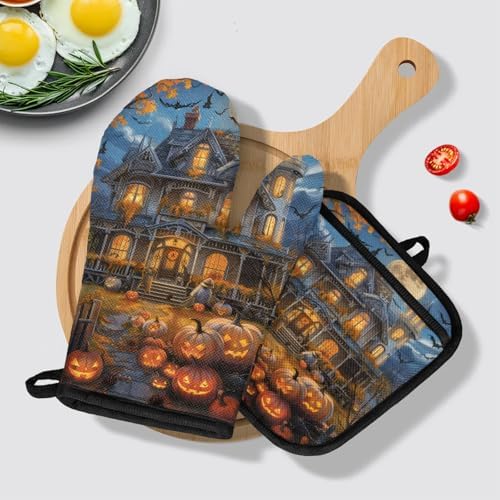 TropicalLife Halloween Pumpkin Moon Oven Mitts and Pot Holders 4Pcs Set
