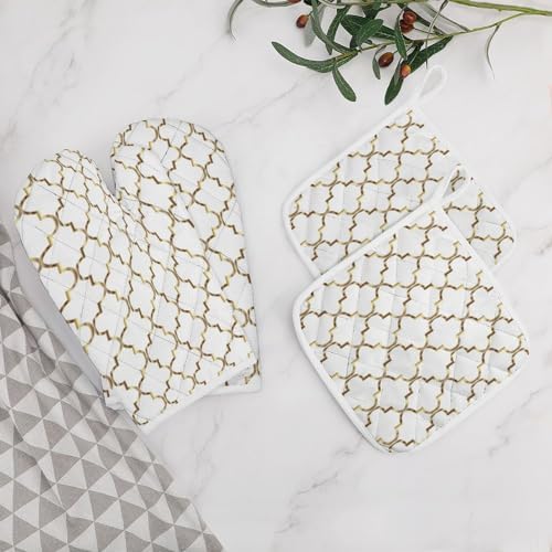 Curdesi Oven Mitts Set Heat Resistant 4PCS with Gold and White Quatrefoil Design