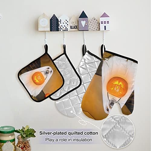 Halloween Ghosts Oven Mitts Pot Holders Set Trick or Treating Stats