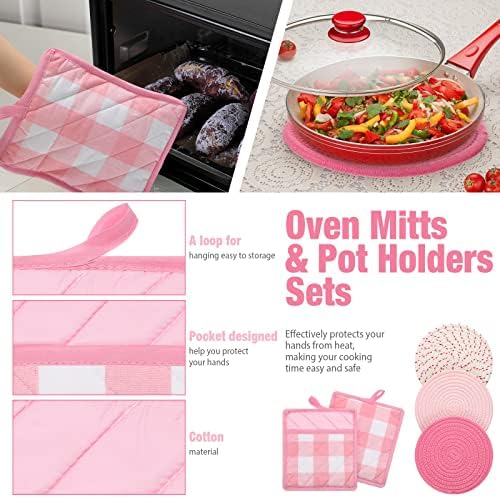 Sumind 7-Piece Oven Mitts Potholders Set Pink White Cotton Kitchen Accessories
