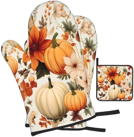Fall Pumpkins Leaves Oven Mitts and Pot Holders Set of 3