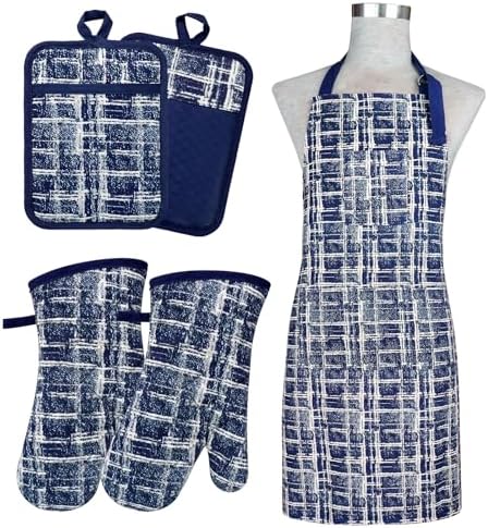 Alselo Oven Mitts and Pot Holders Set of 5 with Cooking Apron Navy