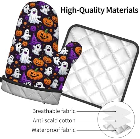 Halloween Ghost Pumpkin Oven Mitts Pot Holders - Heat-Resistant Gloves for Cooking