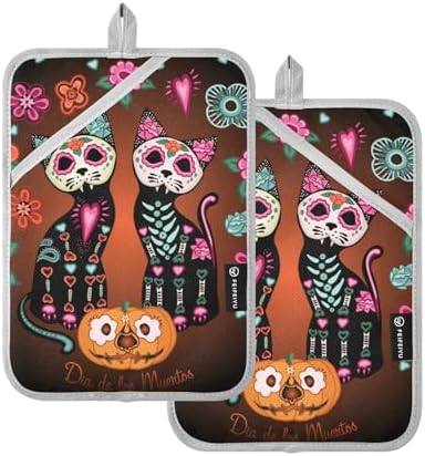 2-Piece Halloween Cats Pot Holder Set with Pockets for Oven Use