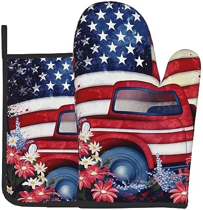 Quopvn 4th of July Patriotic USA Flag Oven Mitts Pot Holders 2pcs Set