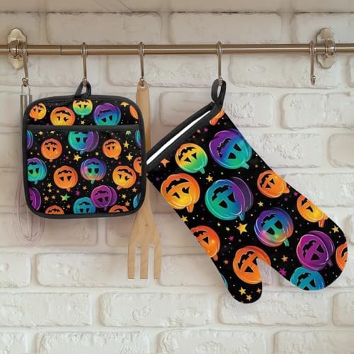 Halloween Oven Mitts Pot Holders Set - Pumpkins with Safety
