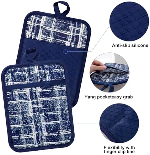 Alselo Oven Mitts and Pot Holders Set of 5 with Cooking Apron Navy