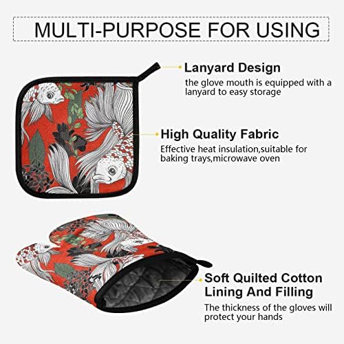 Exnundod Japanese Koi Carp Flowers Oven Mitts and Pot Holder Set
