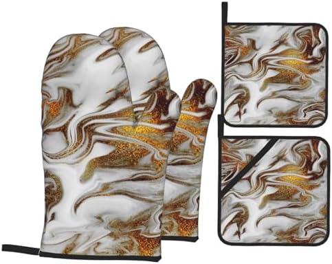 4 Pieces Gold and White Marble Oven Mitts Set with Hanging Loop