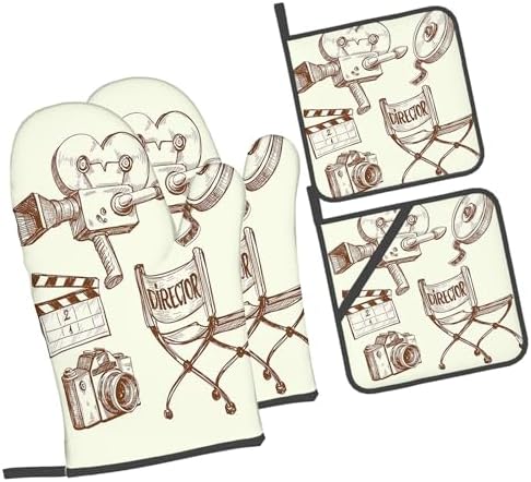 Sketch Art Style Oven Mitts Heat Resistant Pots Cooking Glove Sets